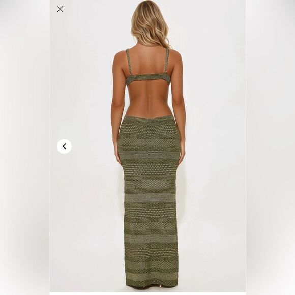 NWOT Fashion Nova Ibiza Metallic Crochet Maxi Dress in Olive Size Medium - Picture 3 of 3